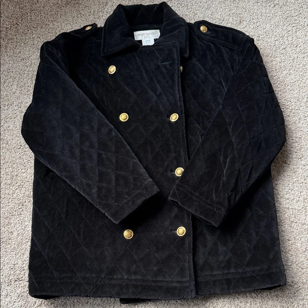 Jones New York Black Velvet Quilted Pea Coat with Gold Buttons Size PL‎